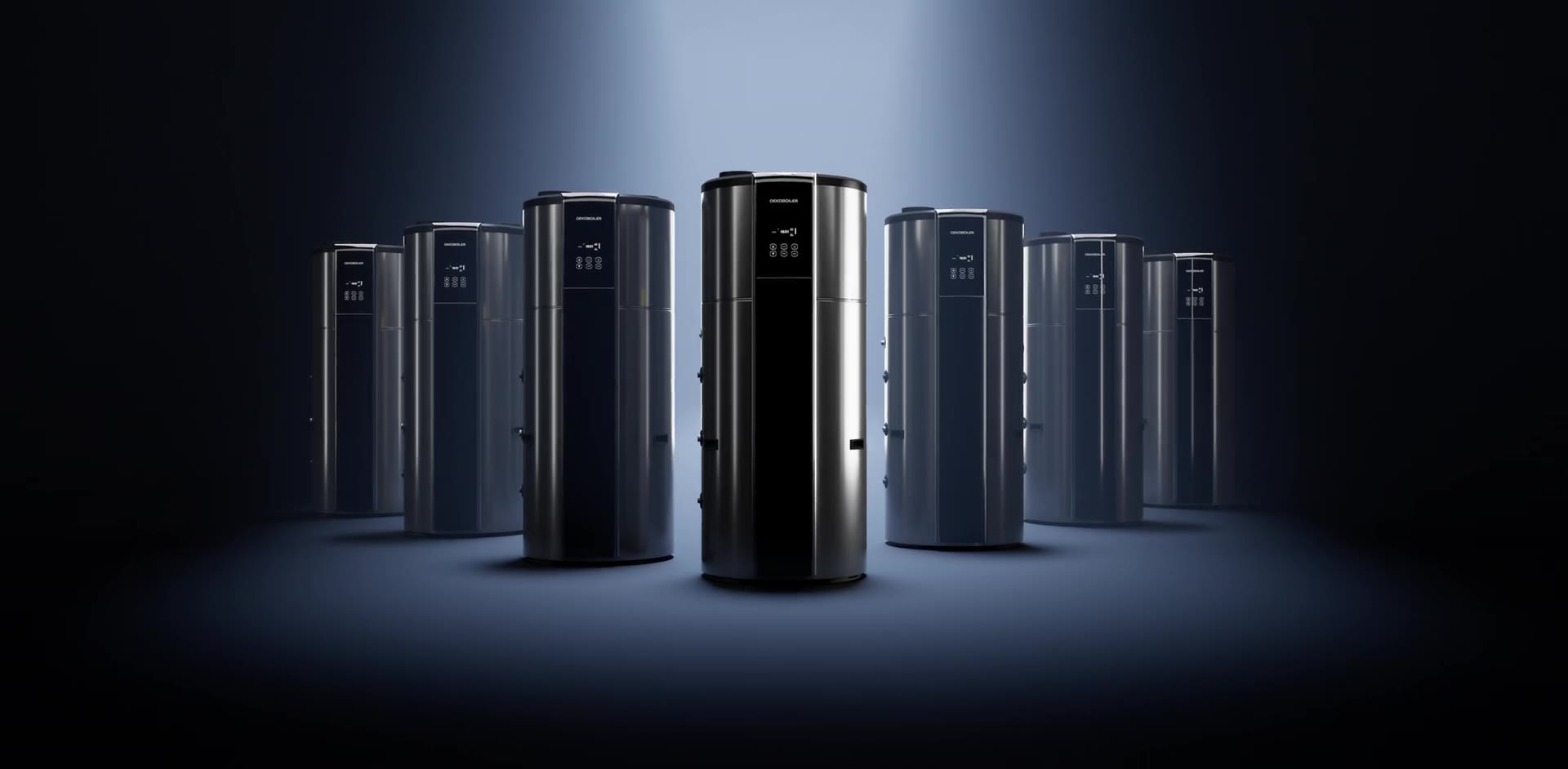 Die Oekoboiler Produktpalette: Wärmepumpenboiler verschiedener Grössen im Studiolicht